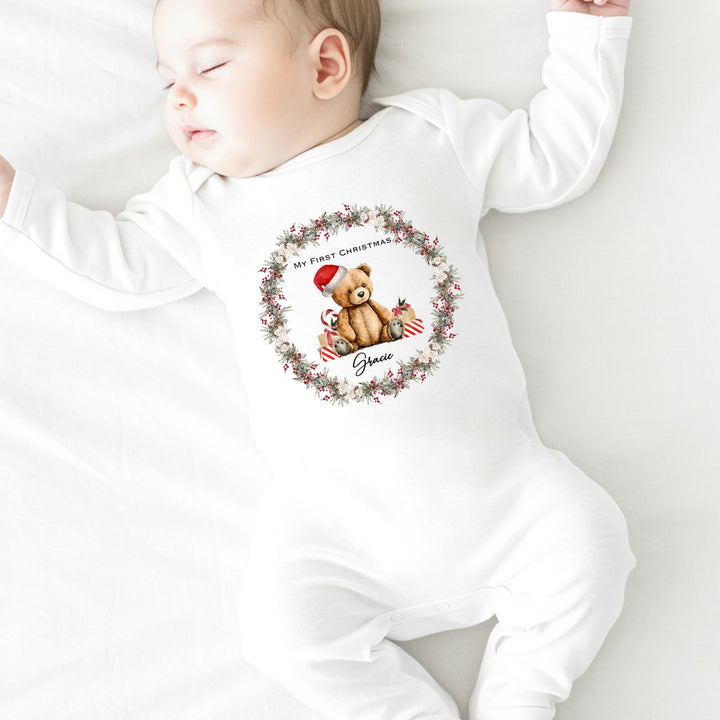 Personalised Teddy Christmas Wreath Baby Grow