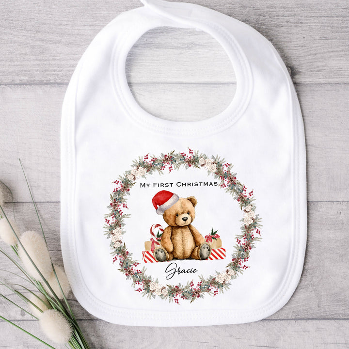 Personalised Teddy Christmas Wreath Baby Grow
