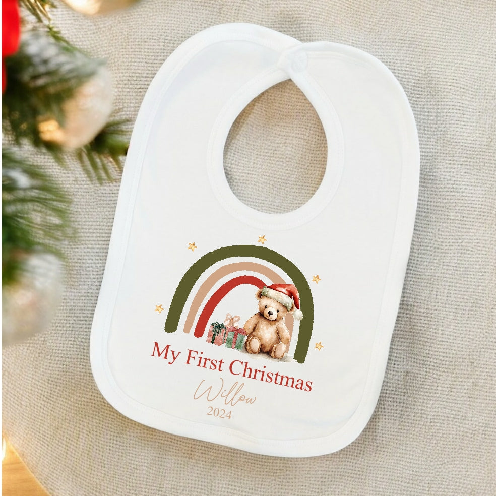 Personalised My First Christmas Teddy Rainbow Babygrow/Vest/Bib