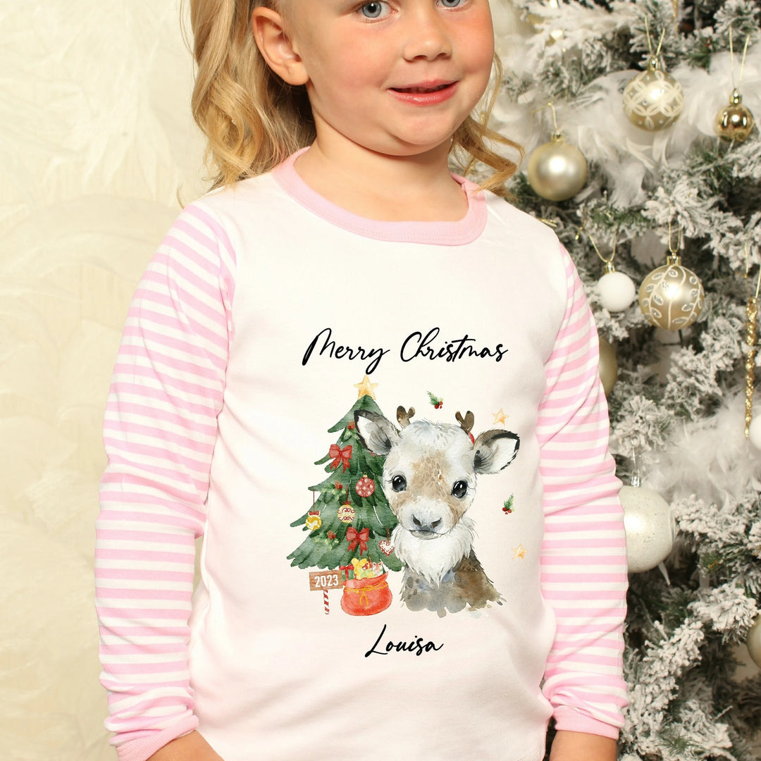 Personalised Pink Christmas Deer Pink Stripe Pyjamas