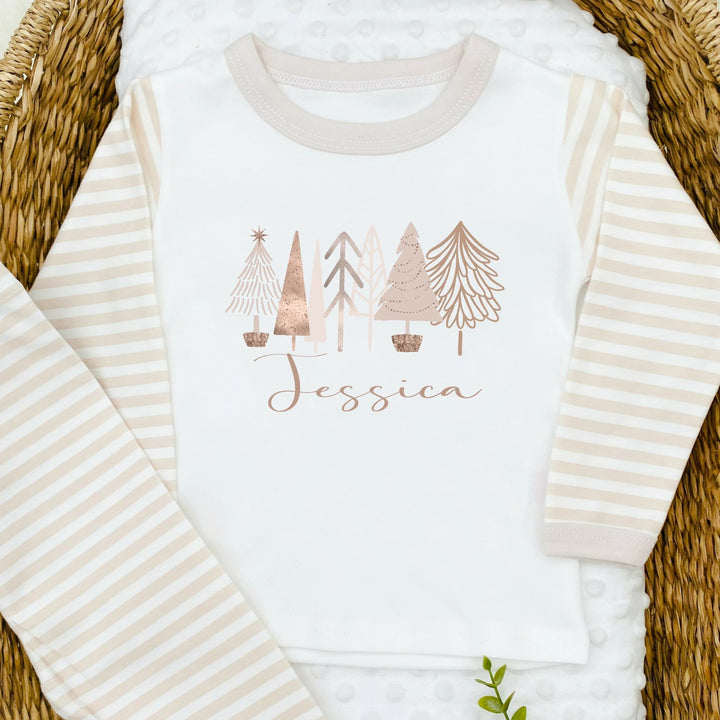 Personalised Rose Gold Christmas Trees Beige Stripe Pyjamas