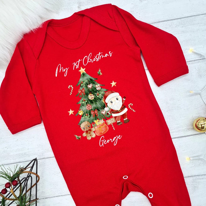 Personalised My First Christmas Tree Scene Red Babygrow