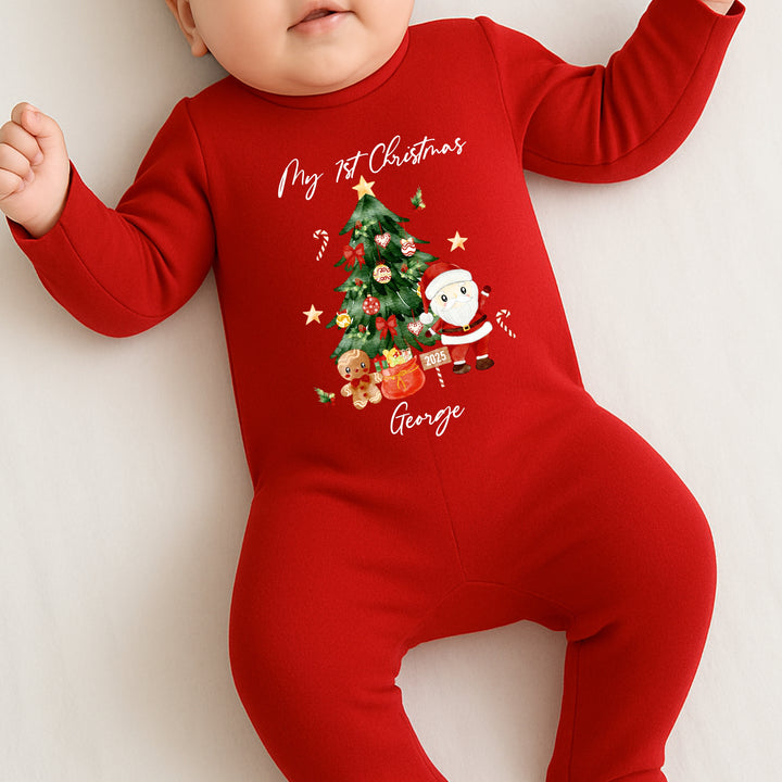 Personalised My First Christmas Tree Scene Red Baby Grow