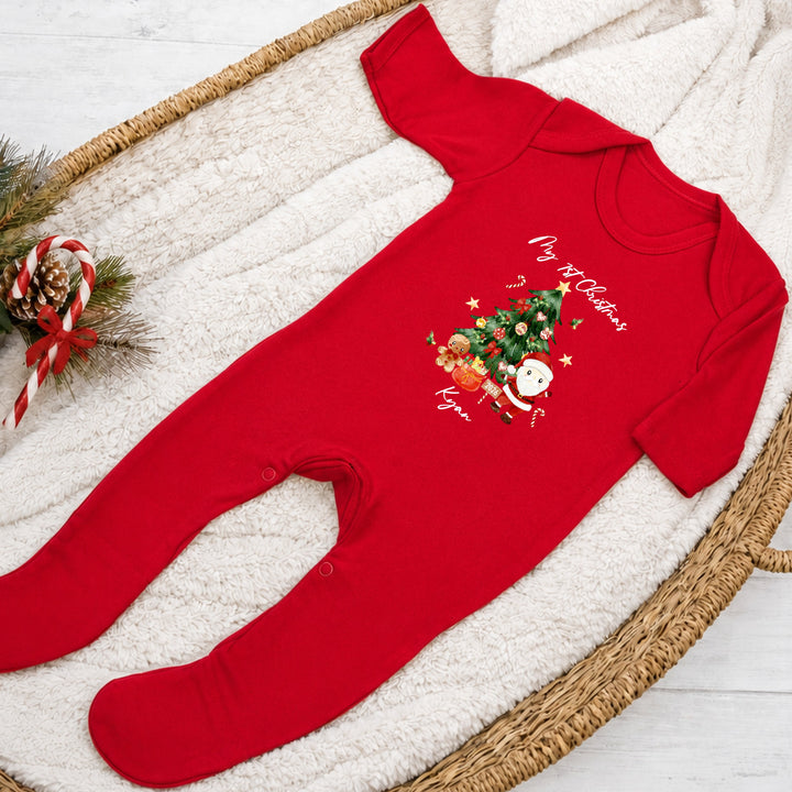 Personalised My First Christmas Tree Scene Red Baby Grow