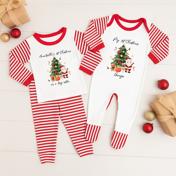 Personalised Christmas Tree Scene Matching Sibling Pyjamas or Baby Grow
