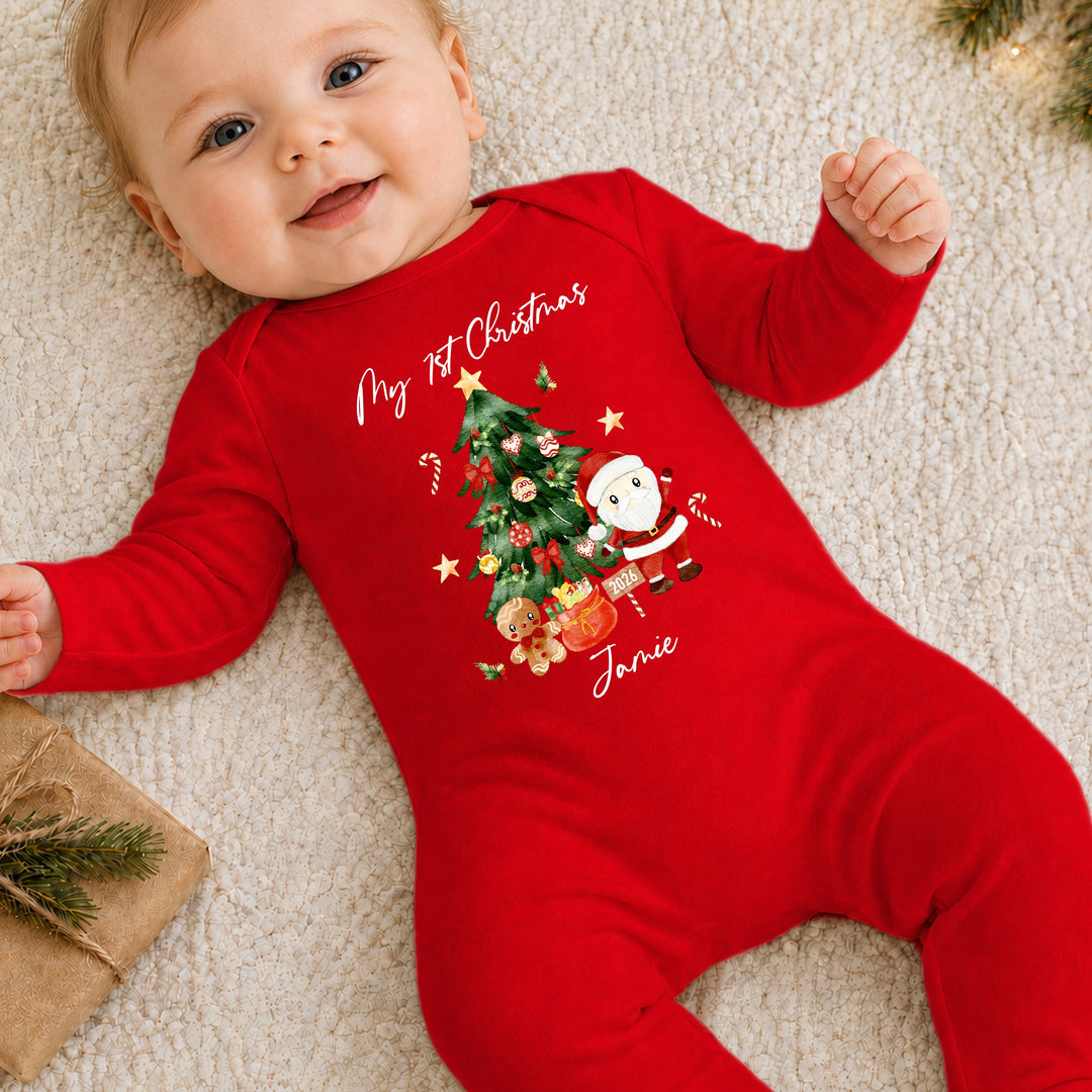Personalised My First Christmas Tree Scene Red Baby Grow
