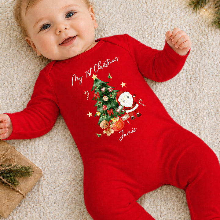Personalised My First Christmas Tree Scene Red Baby Grow