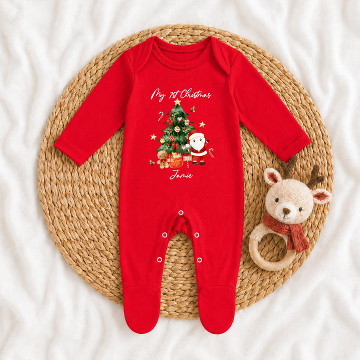 Personalised My First Christmas Tree Scene Red Baby Grow