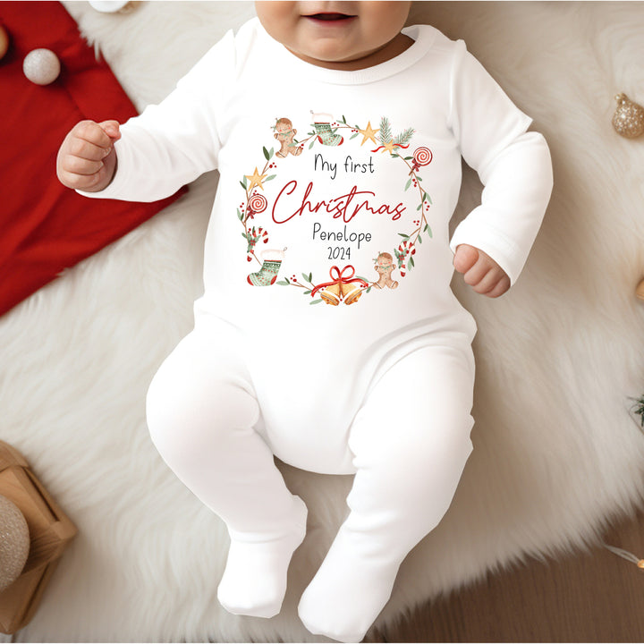 Personalised My First Christmas Wreath Babygrow/Vest/Bib