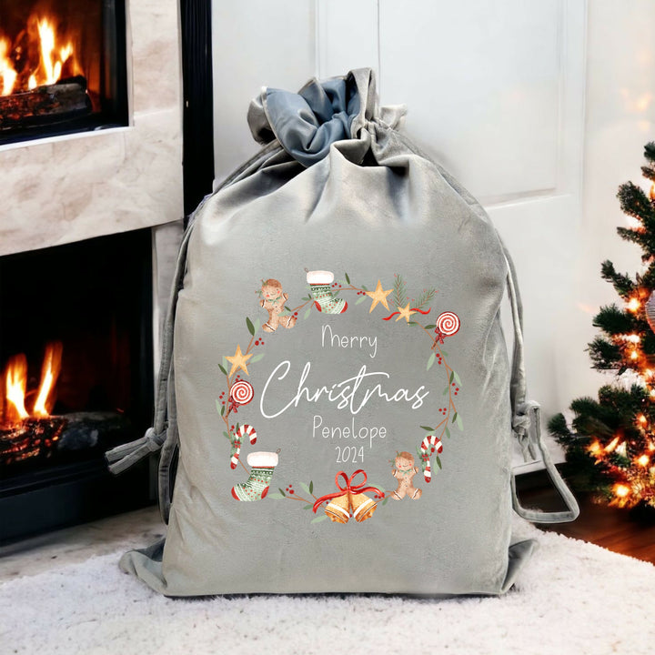 Personalised Merry Christmas Wreath Santa Sack