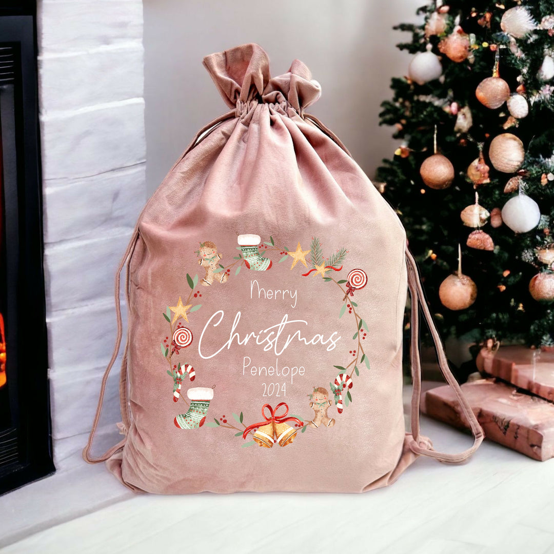 Personalised Merry Christmas Wreath Santa Sack