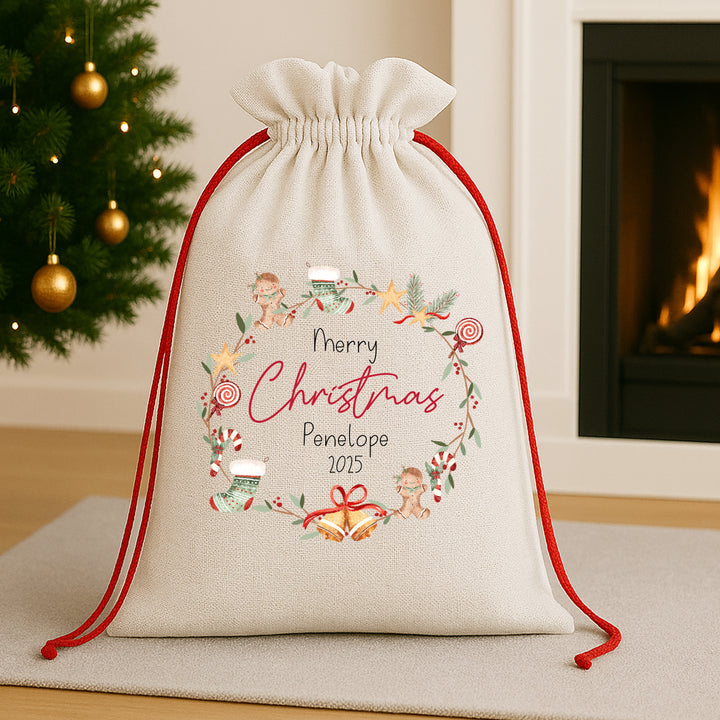 Personalised Christmas Wreath Santa Sack