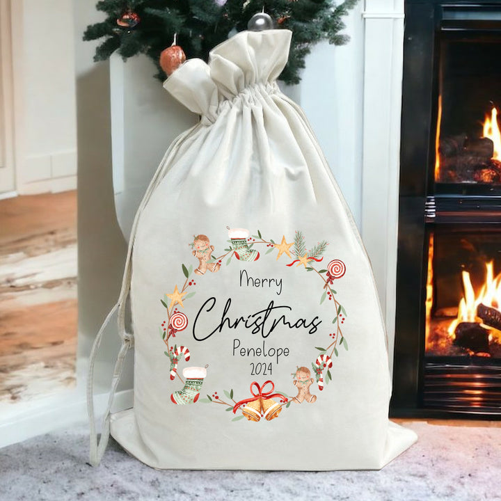 Personalised Merry Christmas Wreath Santa Sack