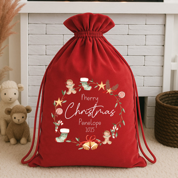 Personalised Merry Christmas Wreath Santa Sack
