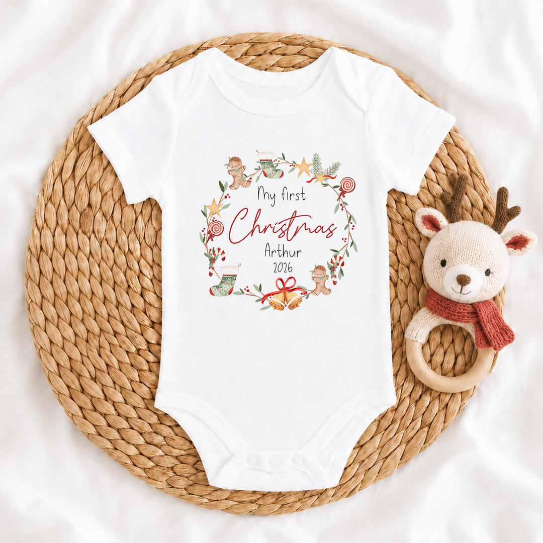 Personalised My First Christmas Wreath Baby Grow, Vest or Bib