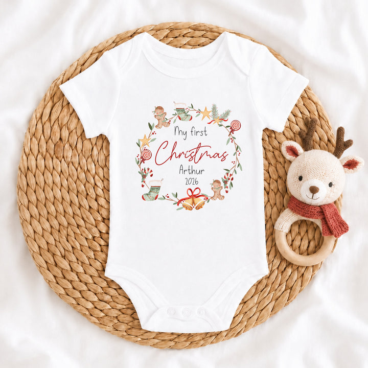 Personalised My First Christmas Wreath Baby Grow, Vest or Bib