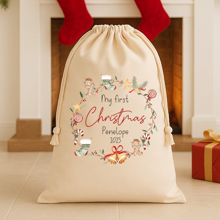 Personalised Christmas Wreath Santa Sack