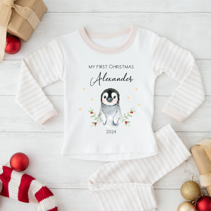 Personalised My First Christmas Pengiun Pyjamas | Blue, Pink, Red and Beige Stripe Pyjamas