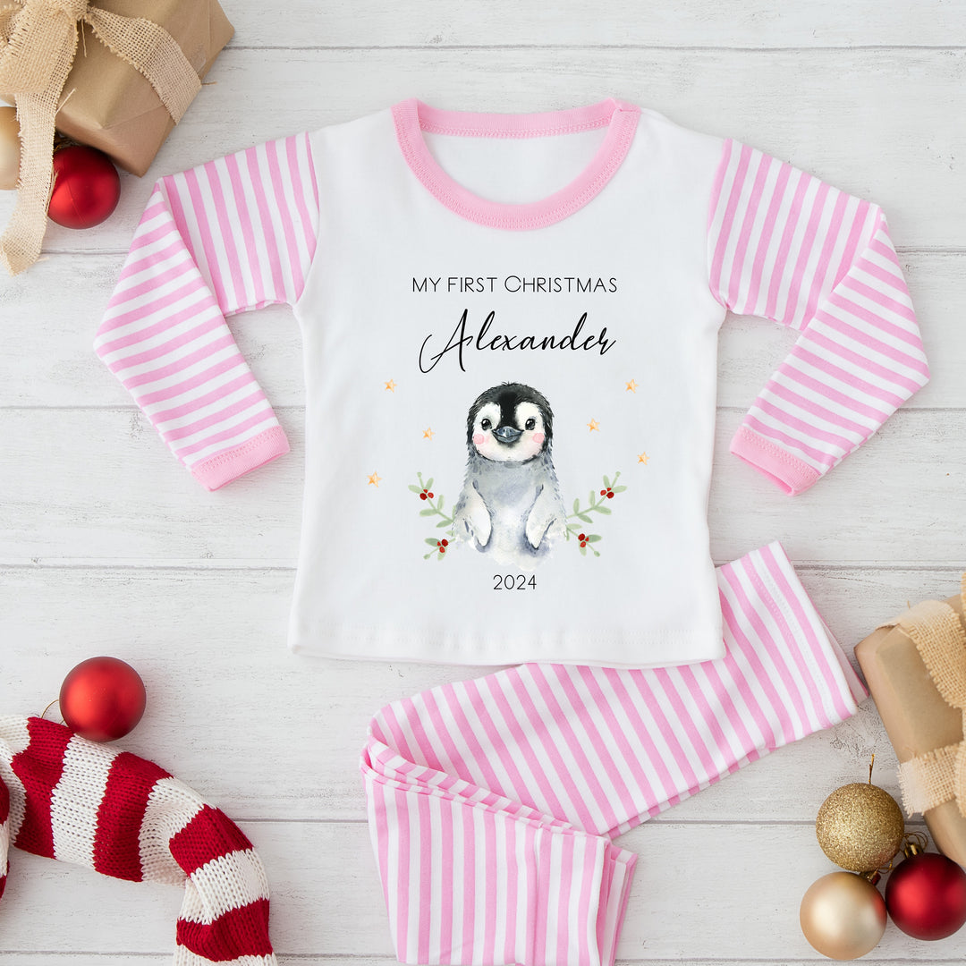 Personalised My First Christmas Penguin Pyjamas | Blue, Pink, Red and Beige Stripe Pyjamas