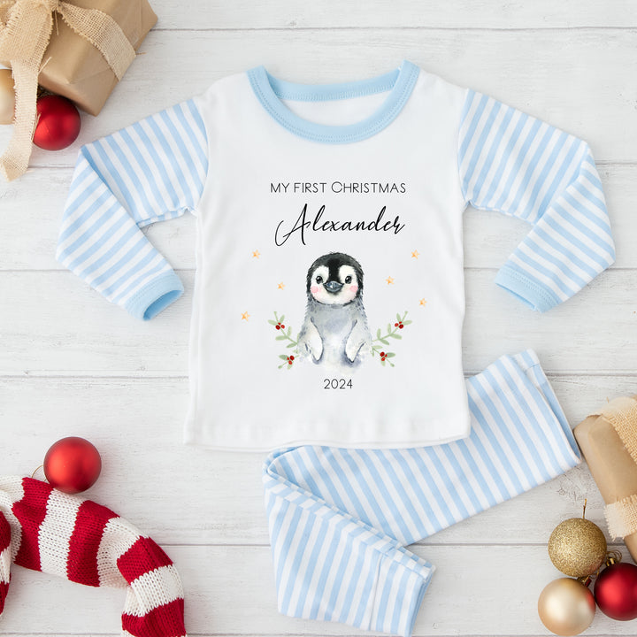 Personalised My First Christmas Penguin Pyjamas | Blue, Pink, Red and Beige Stripe Pyjamas