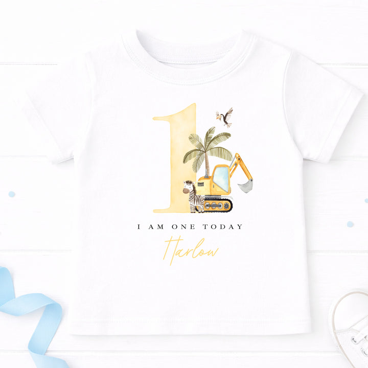 Personalised Yellow Digger Today I Am One Birthday T-Shirt