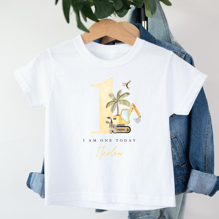 Personalised Yellow Digger Today I Am One Birthday T-Shirt