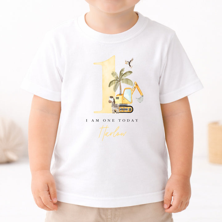 Personalised Yellow Digger Today I Am One Birthday T-Shirt