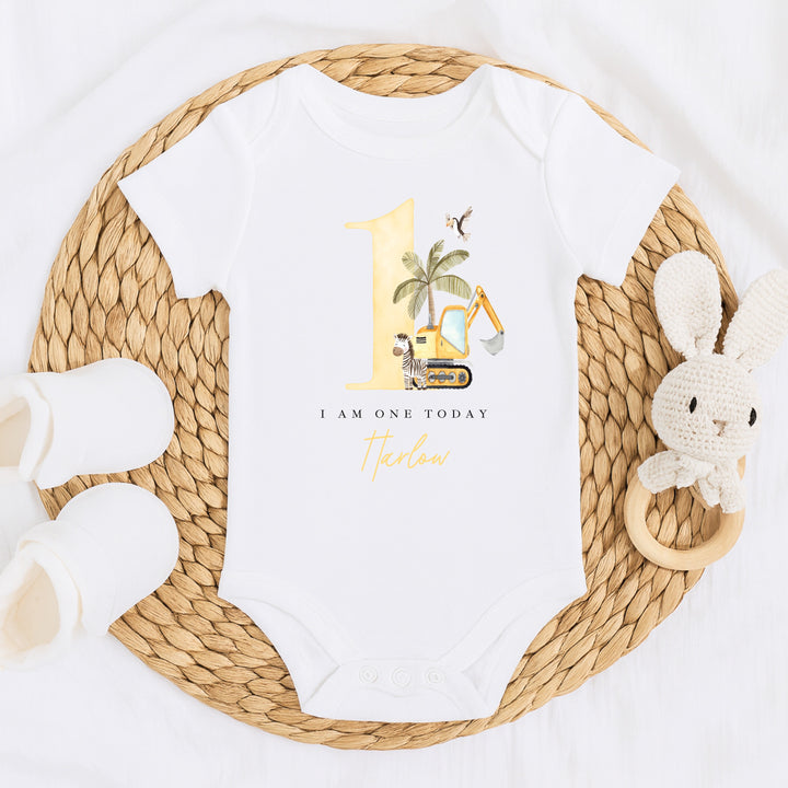 Personalised Yellow Digger I Am One Today First Birthday Vest
