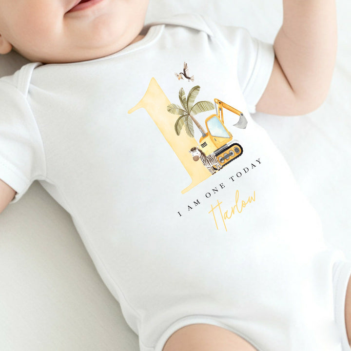 Personalised Yellow Digger I Am One Today First Birthday Vest