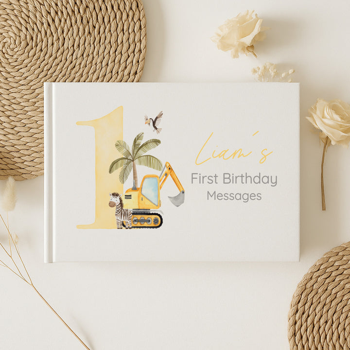 Personalised Yellow Digger First Birthday Guest Book
