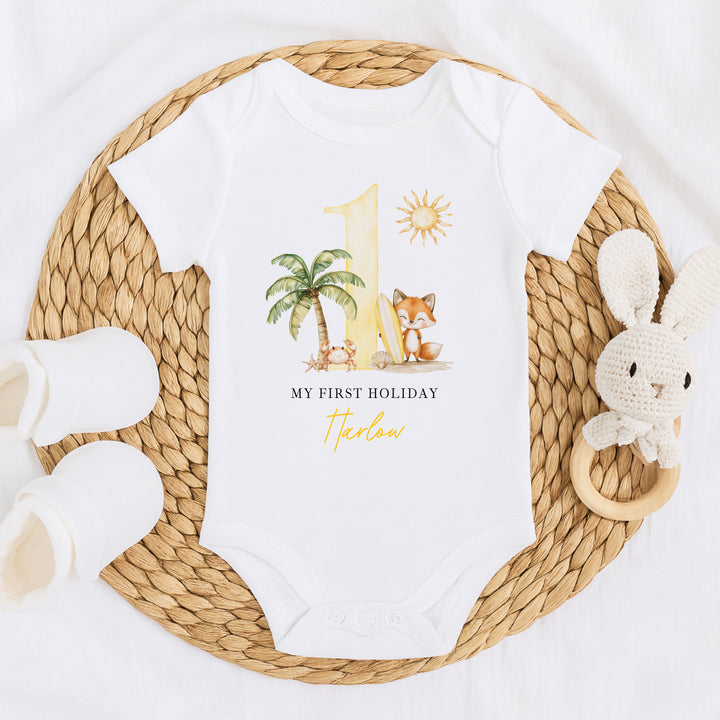 Personalised Yellow Crab My First Holiday Baby Grow or Vest