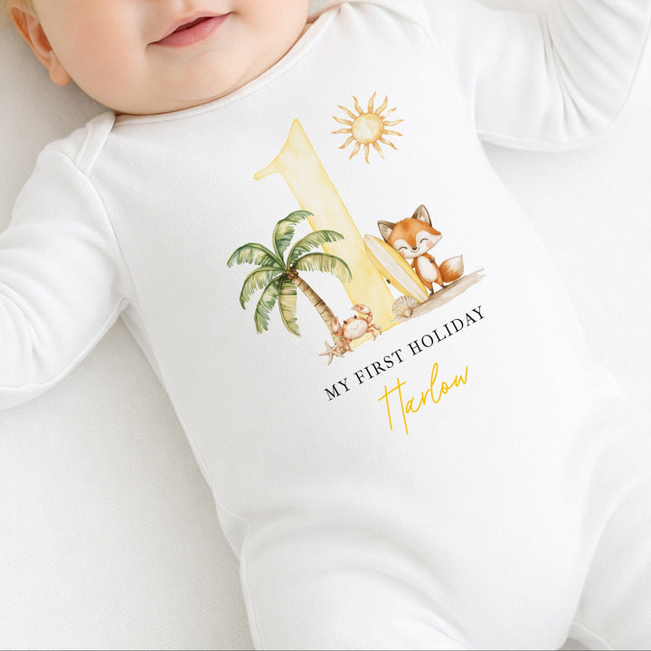 Personalised Yellow Crab My First Holiday Baby Grow or Vest