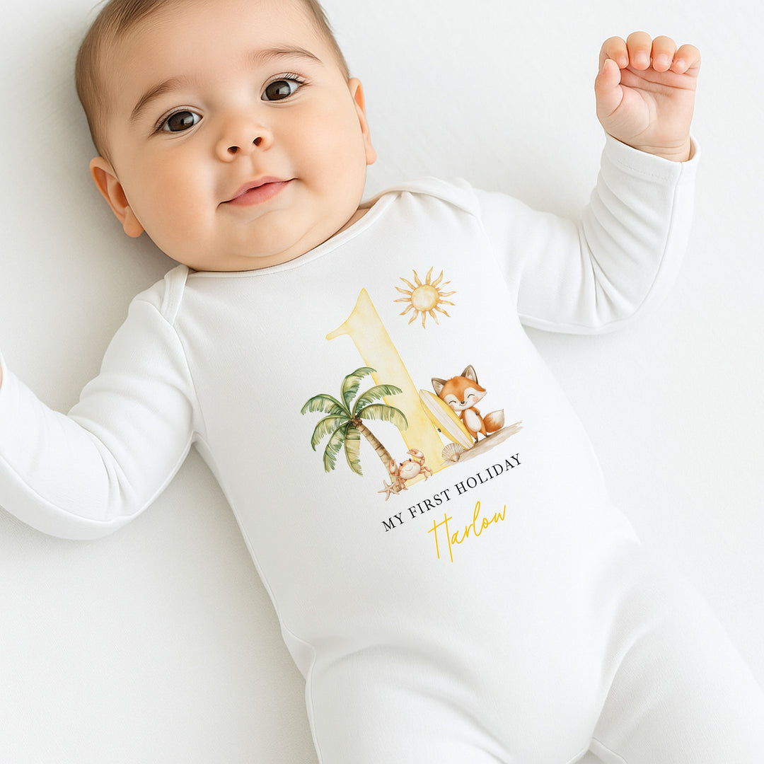 Personalised Yellow Crab My First Holiday Baby Grow or Vest