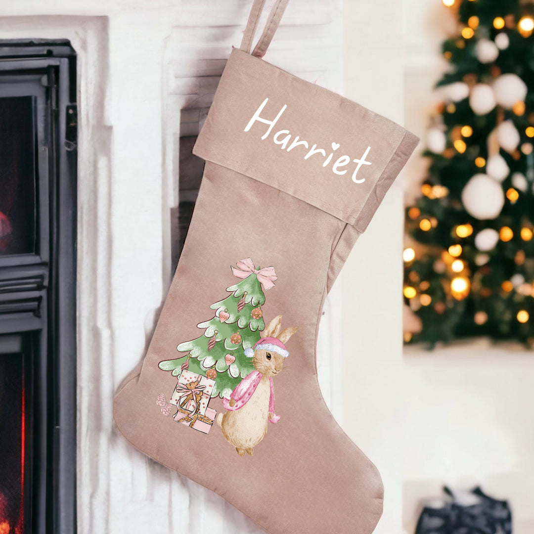 Personalised Pink Rabbit Christmas Tree Stocking or Santa Sacks