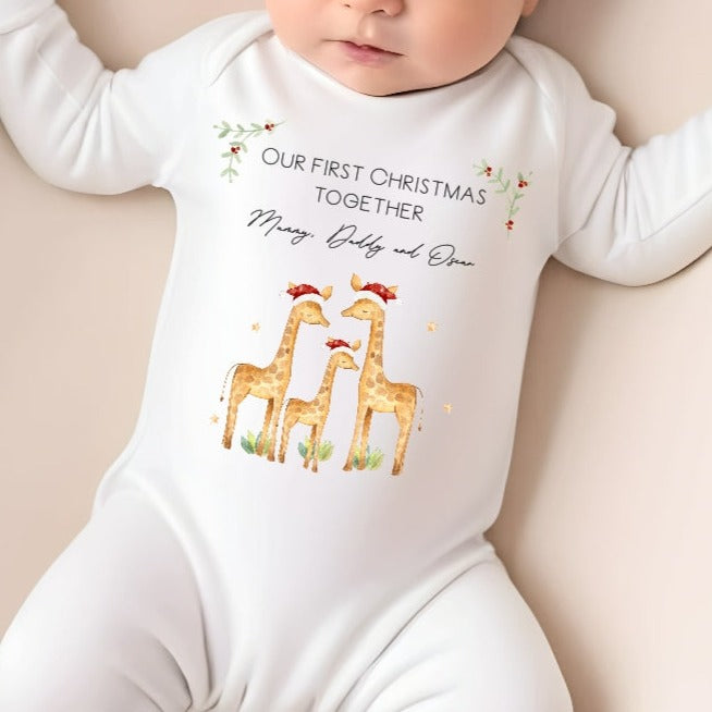 Our First Christmas Giraffe Family Personalised Baby Outfit (Bib | Vest | Babygrow)