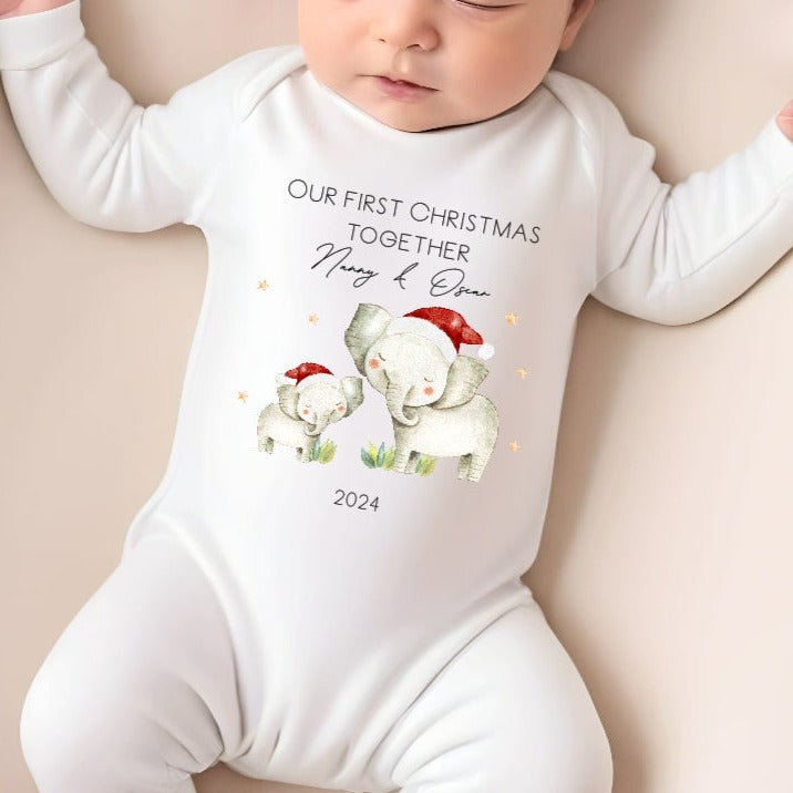 Our First Christmas Together Elephant Family Personalised Baby Outfit (Bib | Vest | Babygrow)