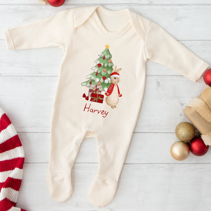 Personalised Red Rabbit Christmas Beige Babygrow optional Hat Headband