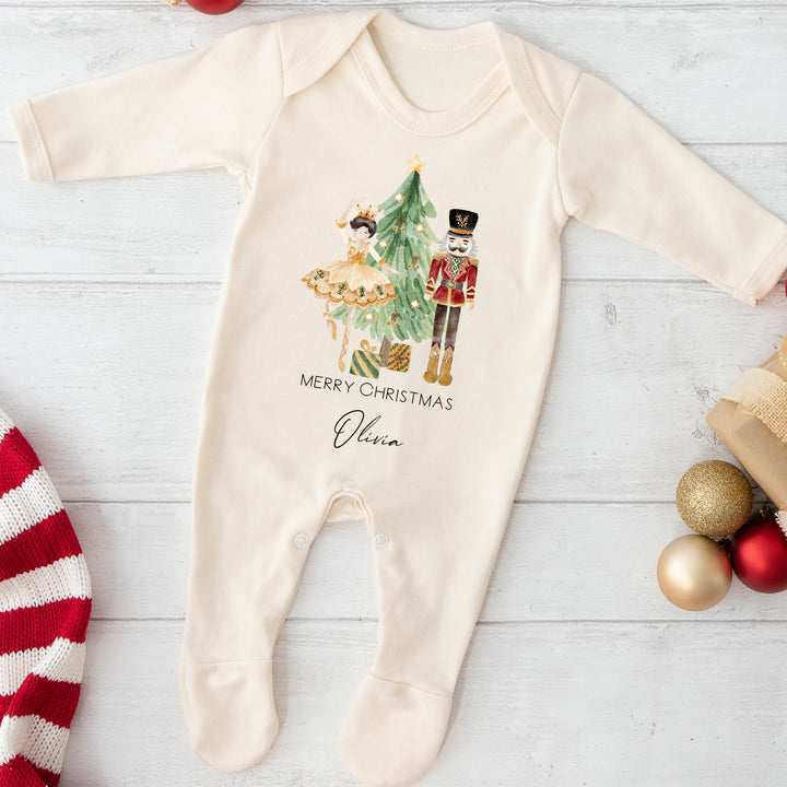 Personalised Nutcracker Christmas Tree Scene Beige Babygrow