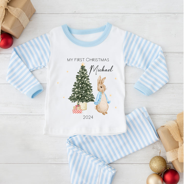 Personalised Merry Christmas Blue Rabbit Blue Stripe Pyjamas