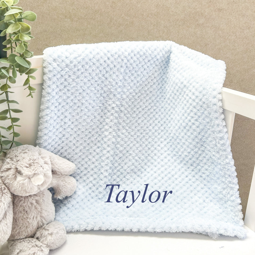 Personalised Embroidered Blue Blanket and Optional Blue Teddy Comforter