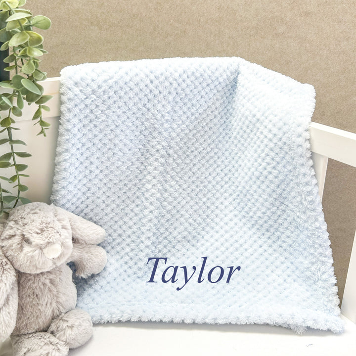 Personalised Embroidered Blue Blanket and Optional Blue Teddy Comforter