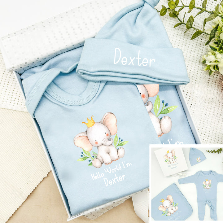 Personalised Little Elephant Hello World Blue Hamper Clothing Gift Set