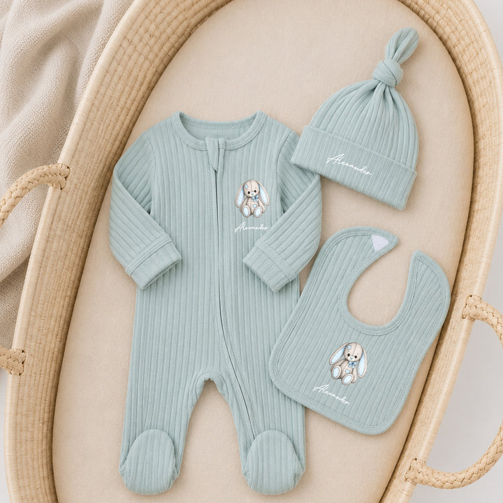 Personalised Blue Rabbit 3 Piece Ribbed Coming Home Outfit