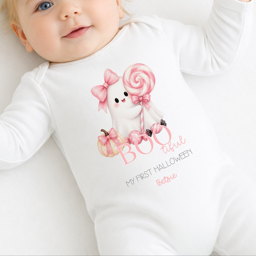 Personalised Pink Ghost My First Halloween Baby Grow or Vest