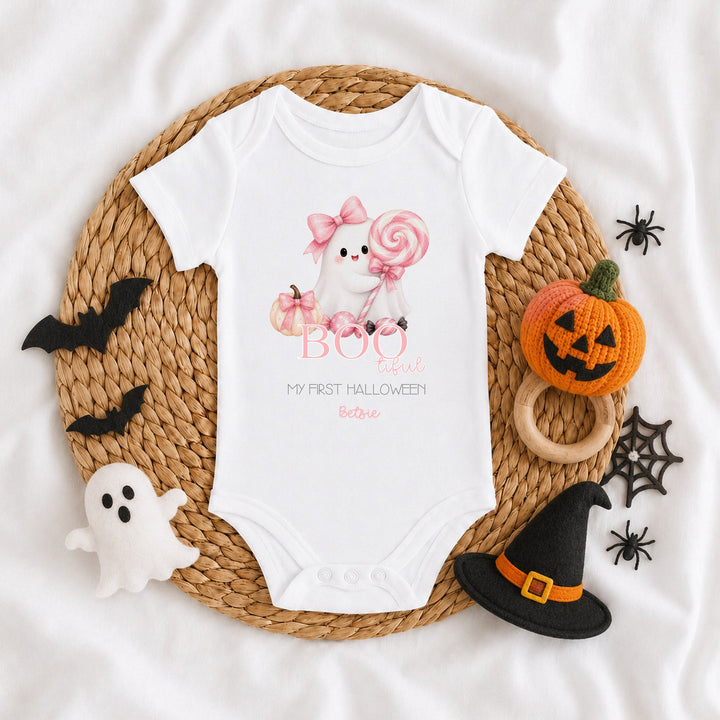 Personalised Pink Ghost My First Halloween Baby Grow or Vest