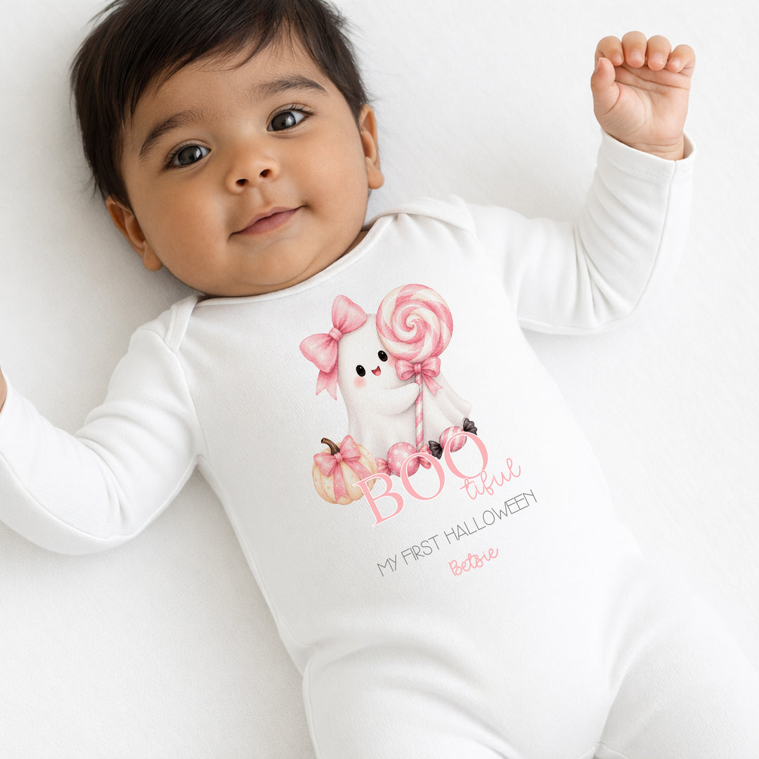 Personalised Pink Ghost My First Halloween Baby Grow or Vest