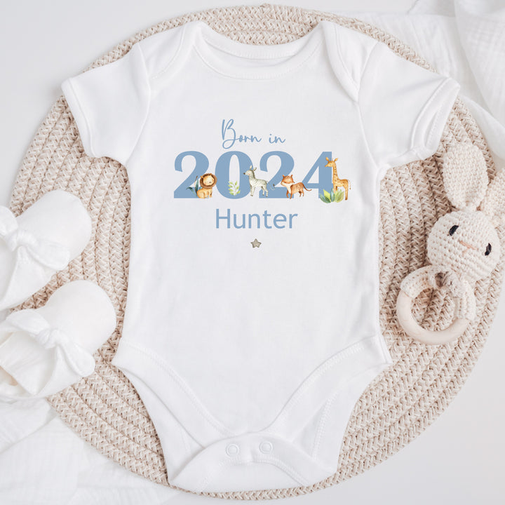 Personalised Blue Jungle Born In 2024 Babygrow/Vest