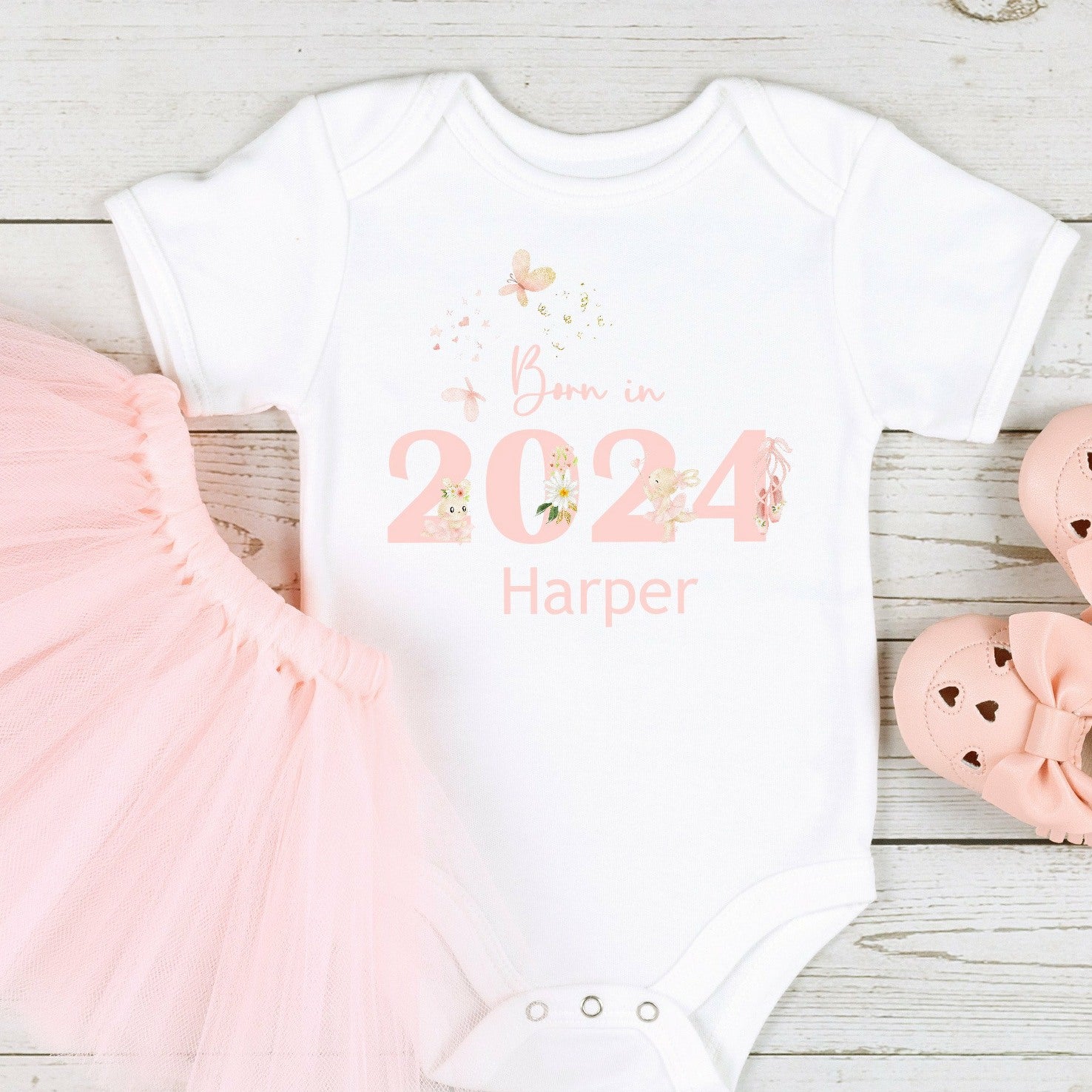 Personalised Born in 2024 Pink New Baby Outfit Babygrow Vest