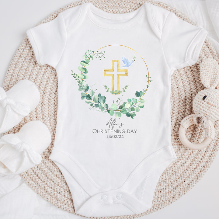 Personalised Green Wreath Christening Babygrow/Vest