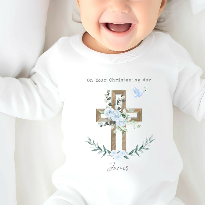 Personalised Blue Boys Christening Babygrow/Vest